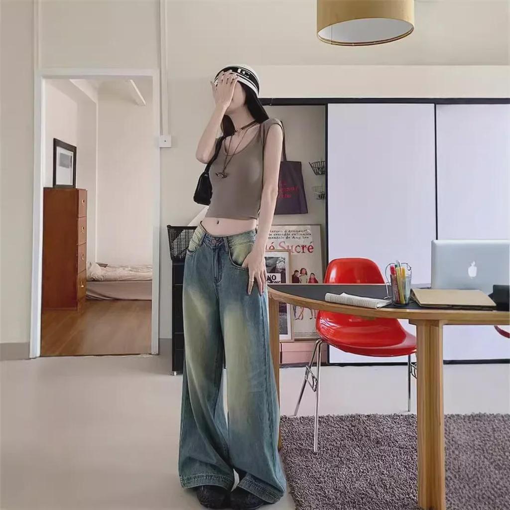 Женские джинсы 2024 года в стиле ретро с синими потертостями, широкие — свободные повседневные прямые брюки на весну и лето