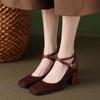 Women's Retro Square Toe Thick-soled Pumps Cross Buckle Strap Mary Jane Shoes High Heels Women's Buckle Block Heels