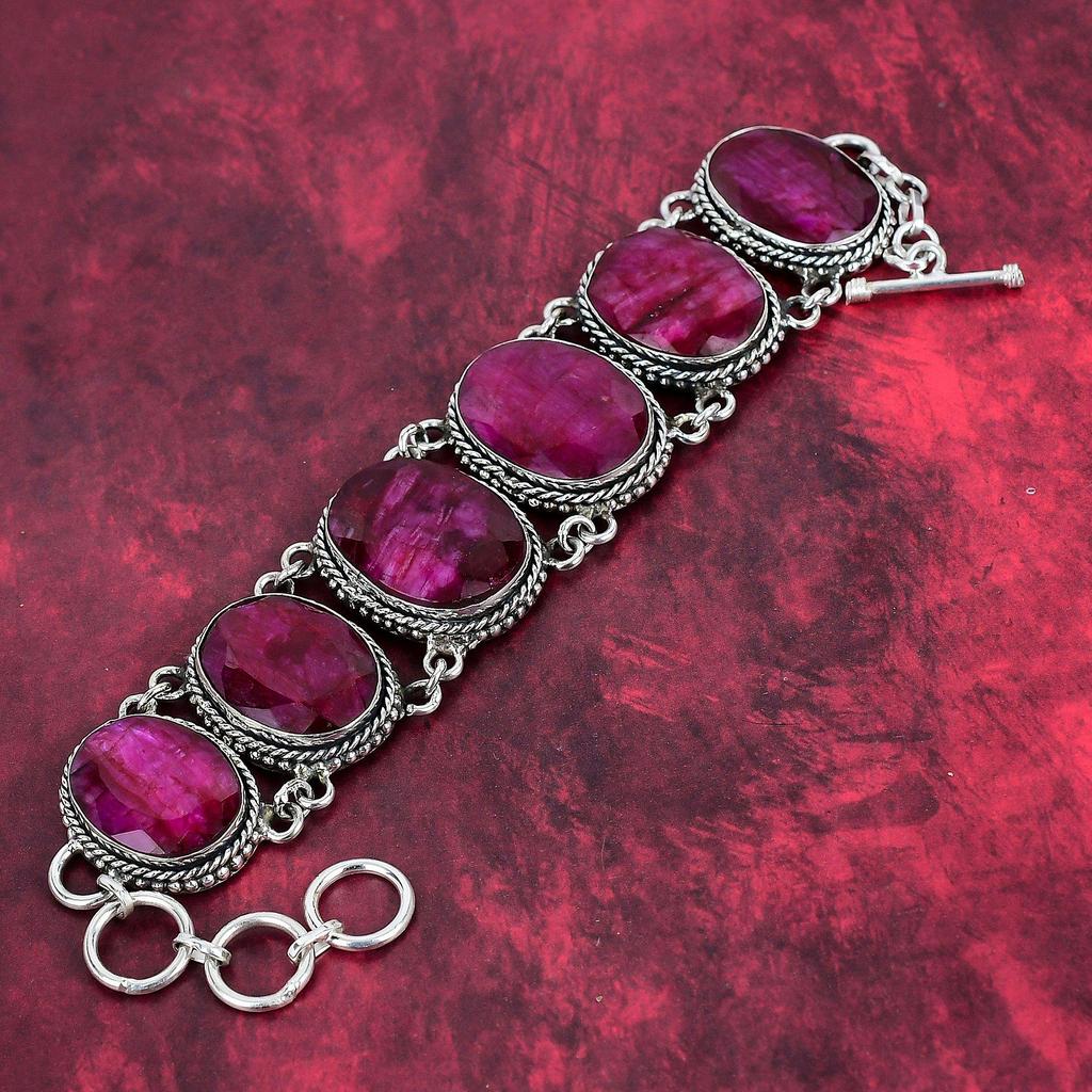 Kashmiri Red Ruby Gemstone Jewelry, 925 Solid Sterling Silver Bracelet& Necklace Jewelry Set, Handmade Pretty Jewelry Set For Women