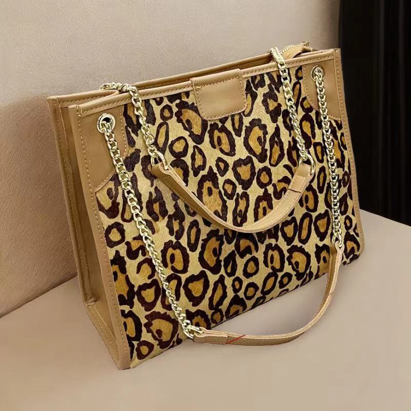 Women'S Bag Xiaoxiangfeng Leather Leopard Print Horse Fur Integrated Shoulder Messenger Bag Tote Bag