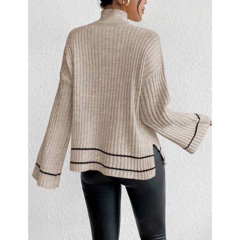 Women S Loose Long Sleeve Knitted Sweater Color Block Patchwork Casual