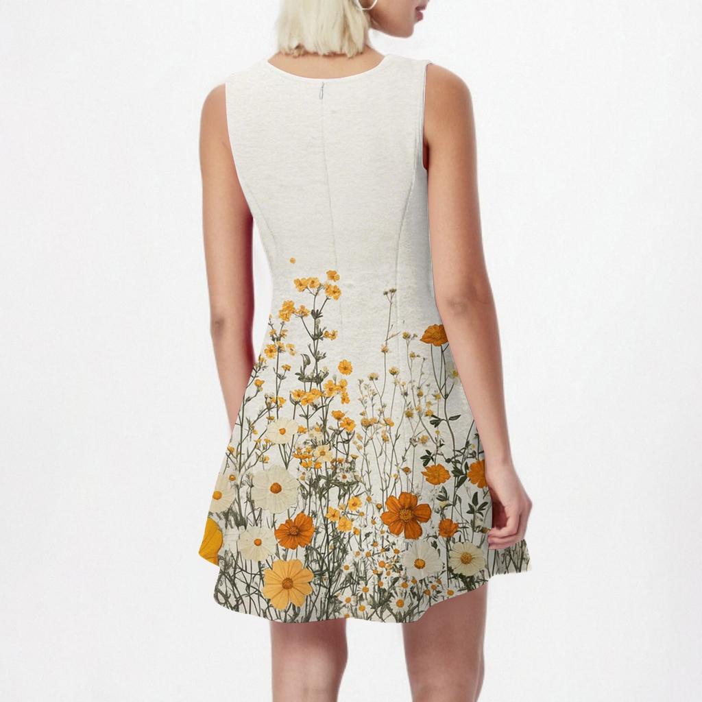 Женское летнее платье повседневное без рукавов с круглым вырезом с цветочным принтом сарафан-майка