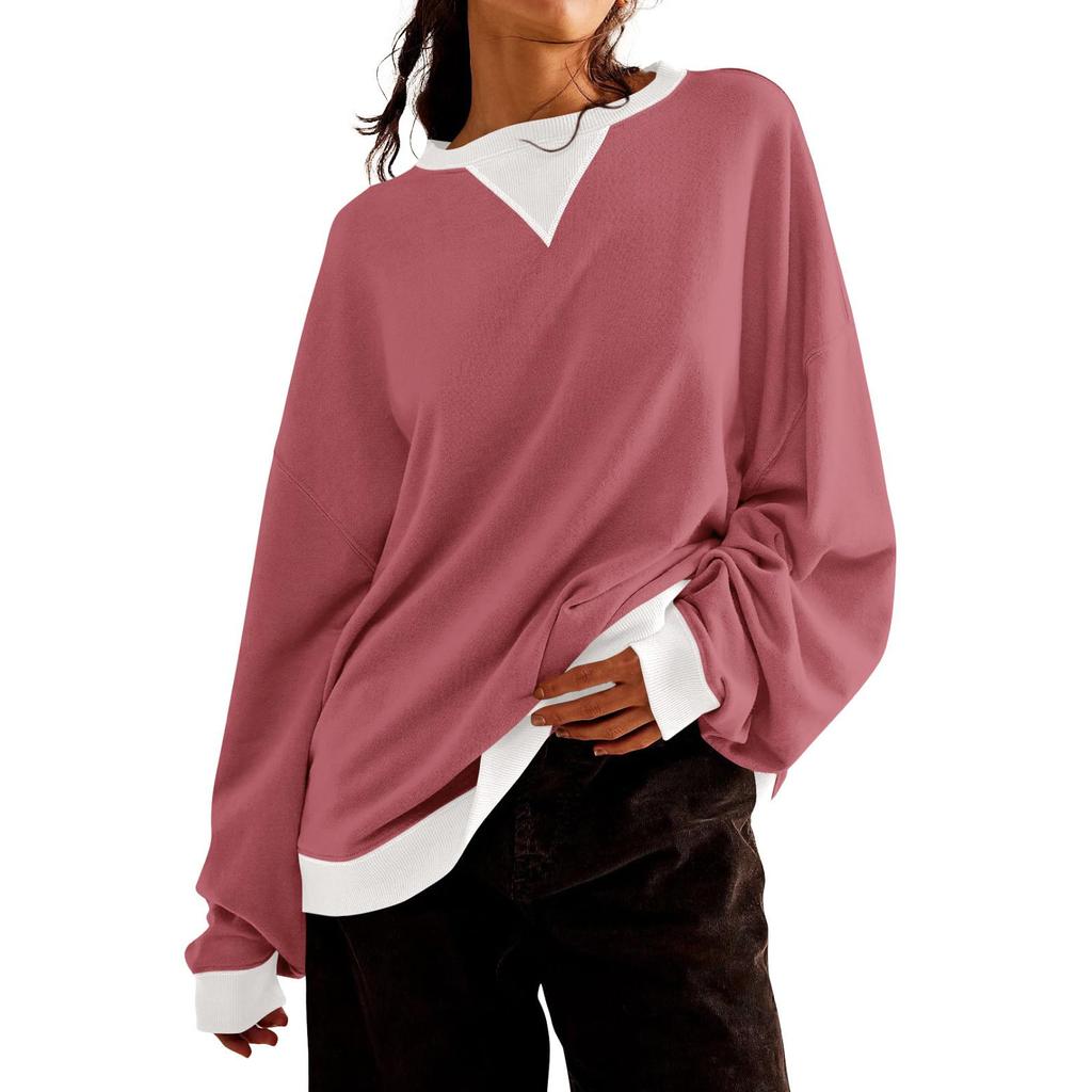 Женская толстовка с цветными блоками и воротником, негабаритная рубашка с длинными рукавами, повседневный пуловер, верхняя одежда