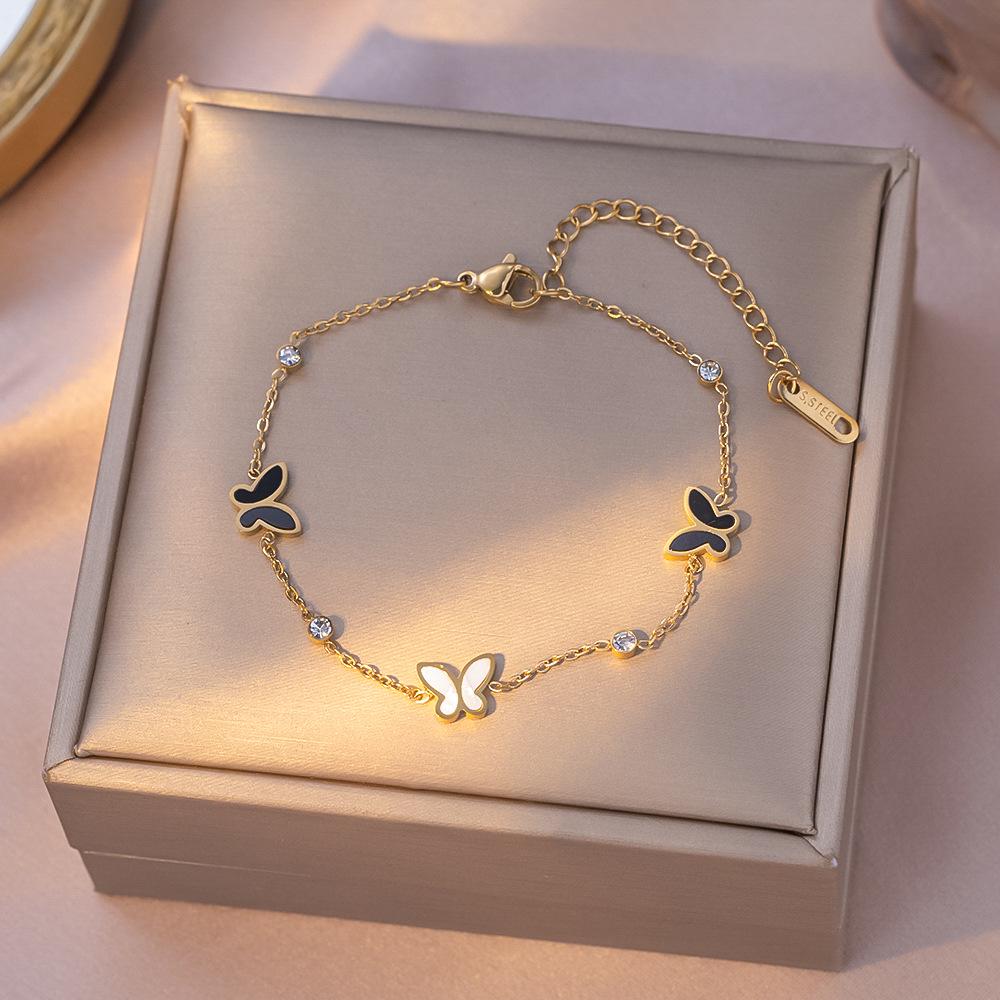 Exquisite Black & White Butterfly Double-Layer Titanium Steel Bracelet for Women: High-End, Versatile Hand Jewelry