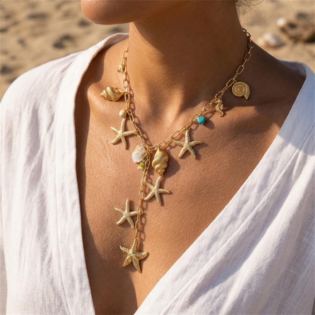 Boho Ocean Theme Gold Color Long Chain Drop Necklaces for Women Starfish Cowrie Shell Pendant Tassel Choker Beach Party Zircon
