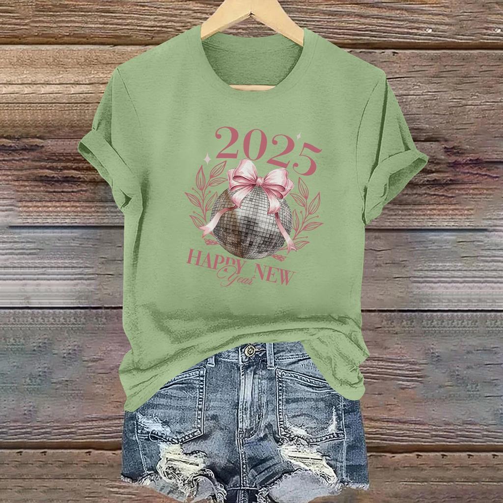 Ladies Casual 2025 New Year Printed Round Neck Short Sleeve T-Shirt Top
