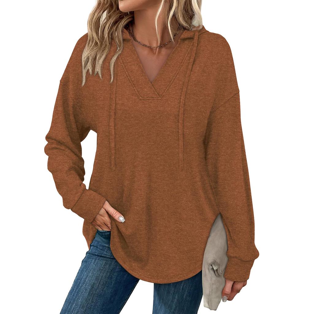 Women's Fashion Solid-Color Long-Sleeve Hooded V-Neck Casual Sweatshirt Top