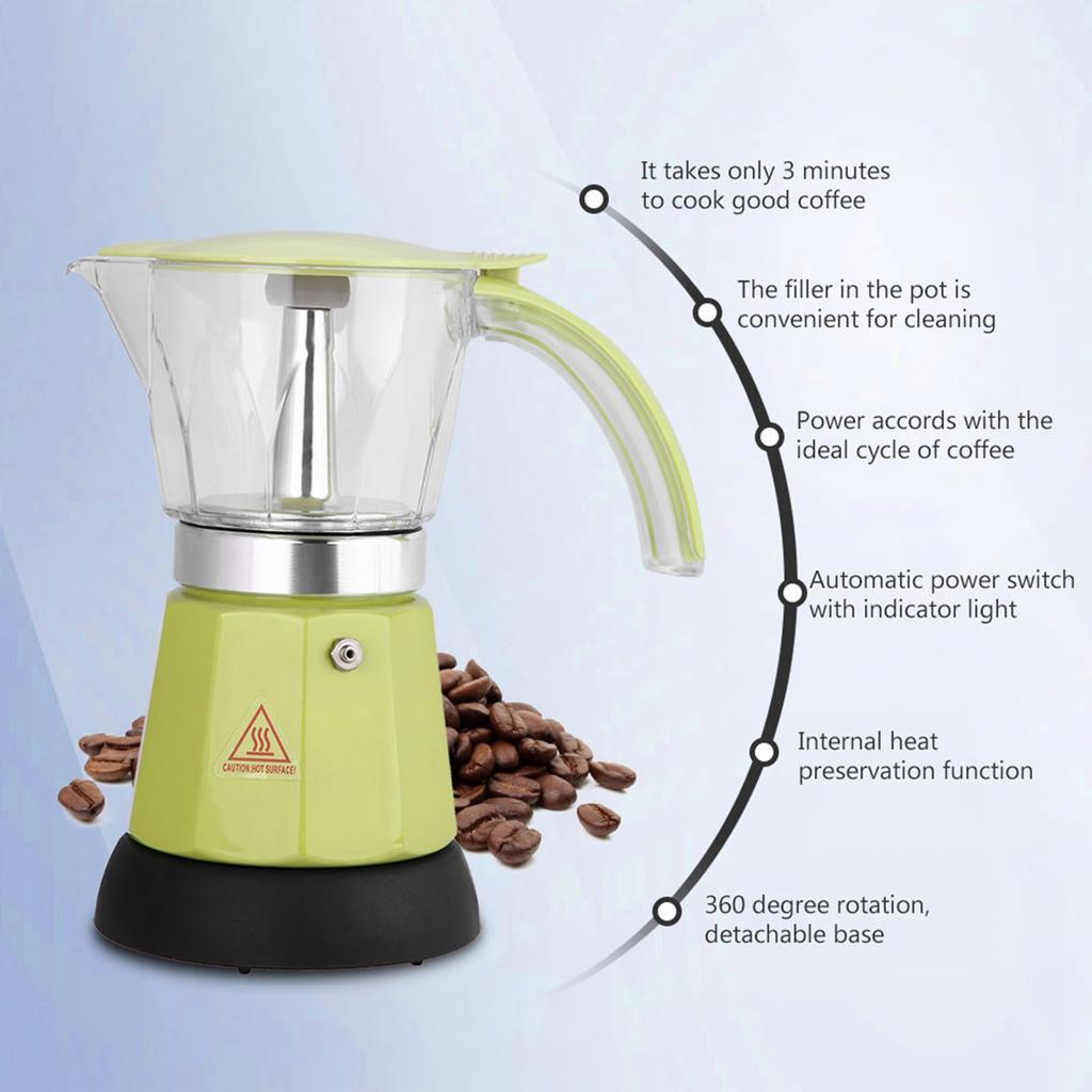 300 мл/6 чашек 480 Вт электрическая кофеварка Moka Pot съемная кухонная плита кофеварка зеленая