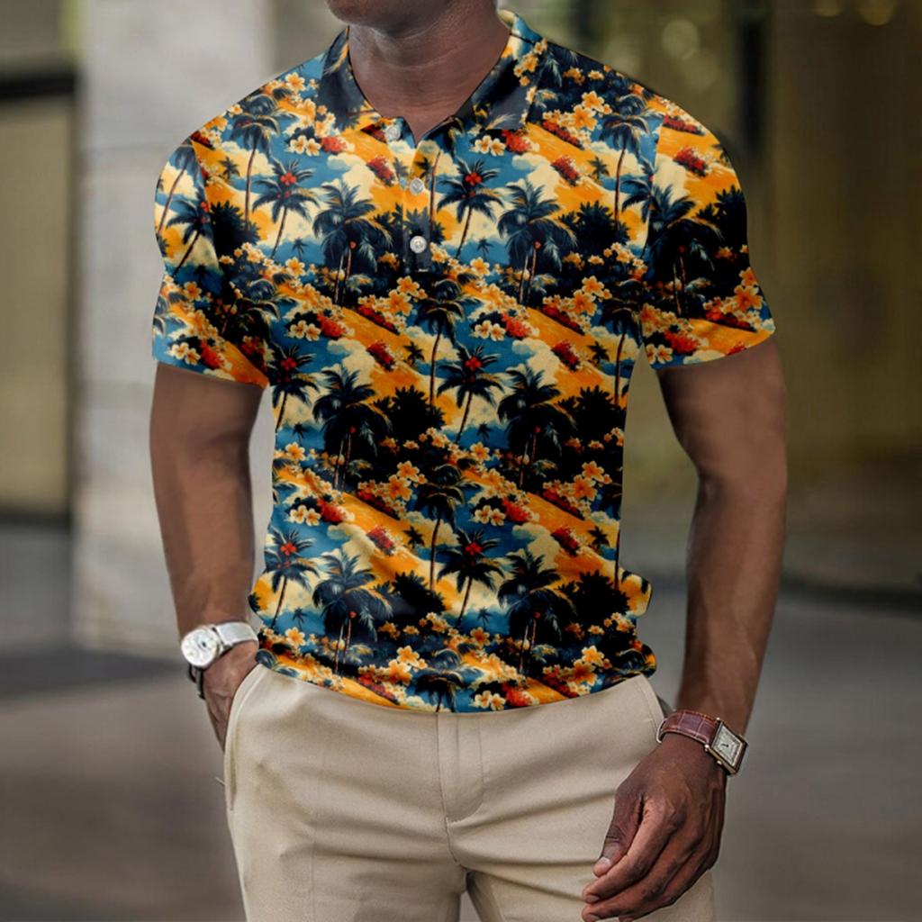 Men's Summer Hawaii Printed Golf Shirt Botton Short Sleeve Top Men's Casual Fashion Shirt