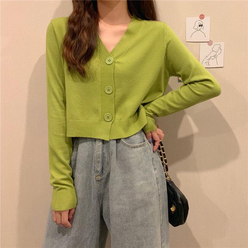 Весенне-осенний вязаный кардиган с длинными рукавами, свитер с v-образным вырезом, однотонное короткое повседневное пальто SL