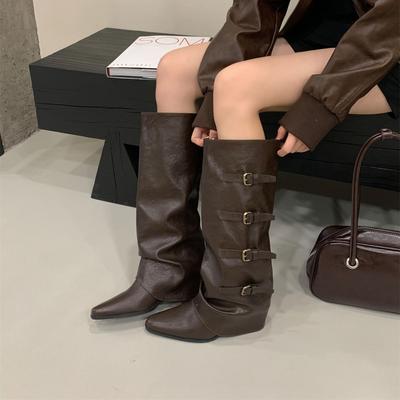 Каблук Брюки Ботинки Пряжка для ремня Ботинки 2025 Осень/Зима Остроносые Ботинки в стиле вестерн ковбойские Винтажные Ботинки Spice Girl Рыцарские ботинки