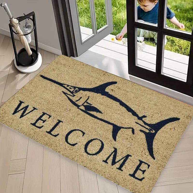 Ocean Whale Fish Welcome Print Coir Doormat, Non Slip Entrance Rug, Durable Washable Floor Mat for Front Door Porch Patio Decor