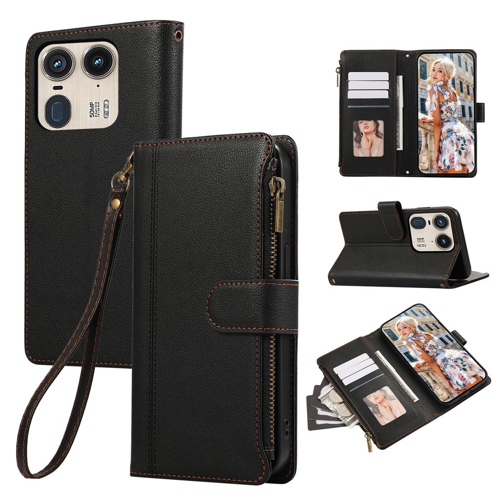 For Motorola Edge 50 Ultra 5G Case Multi Card Slots Zipper Leather Phone Cover with Wrist Strap