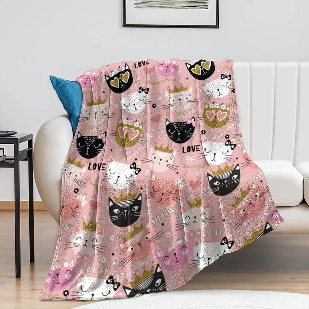 Cute Cat Kawaii Animal Design Flannel Throw Blanket Lightweight Warm Cozy Gifts for Kid and Adults Gift Suitable Couch Bed Chair