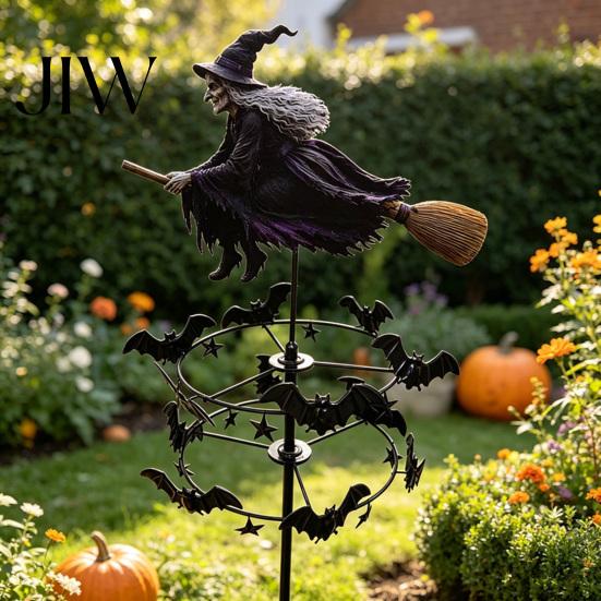 Decorative Wind Spinner Garden Witch Spinner, Halloween Yard Art Metal Outdoor Whimsical Silhouette Stake, Flying for Lawn Patio Pathway Fall