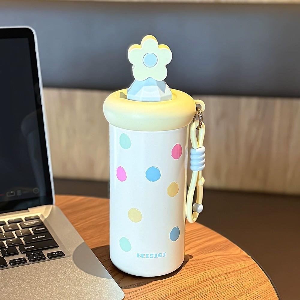 New Flower Insulated Cup Stainless Steel with Straw Thermal Water Bottle with Lanyard Vacuum Sippy Mug Gifts