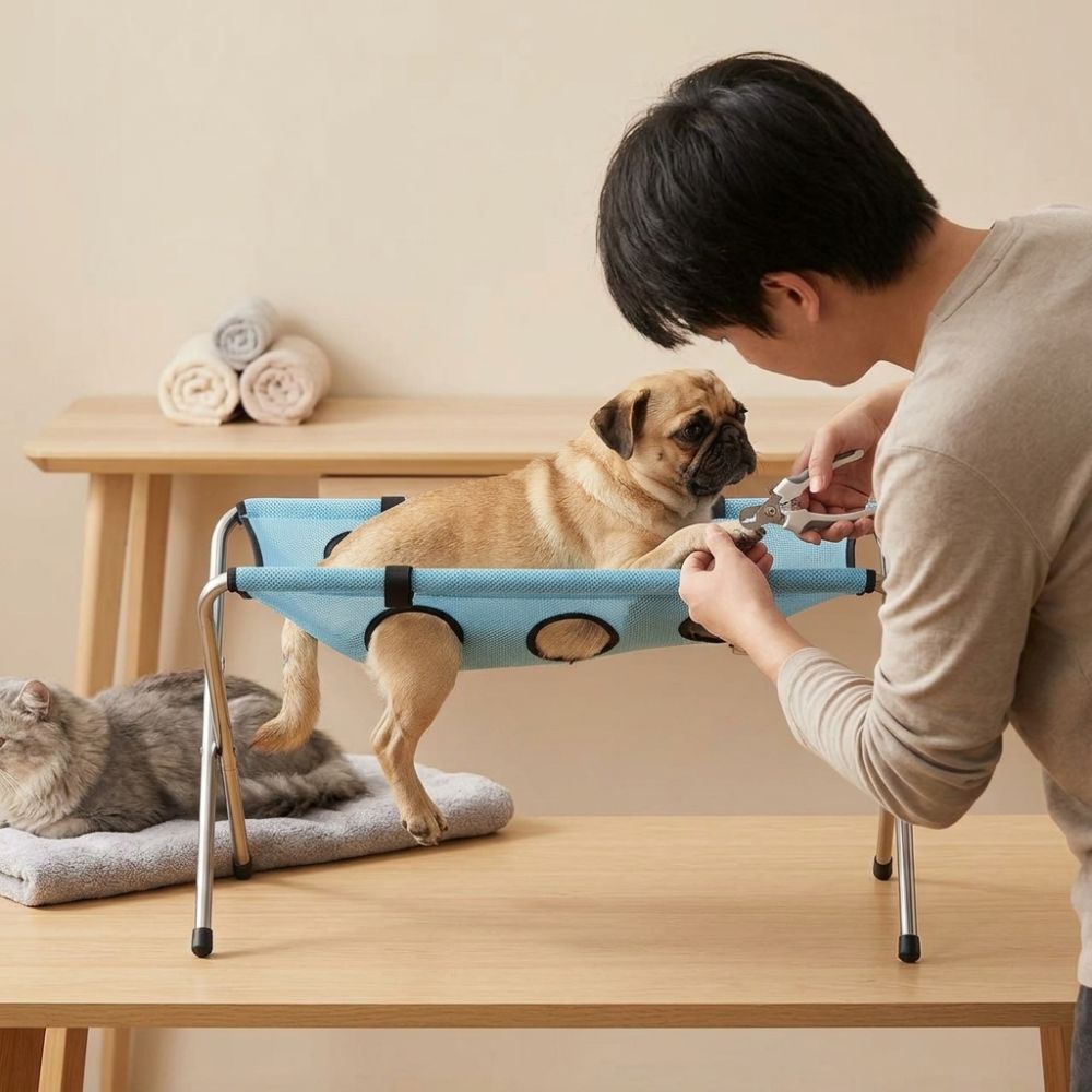 Adjustable Pet Grooming Hammock Breathable Mesh Stainless Steel Frame Small Dog Bathing Stand Multi-Hole Quick-Dry Mesh