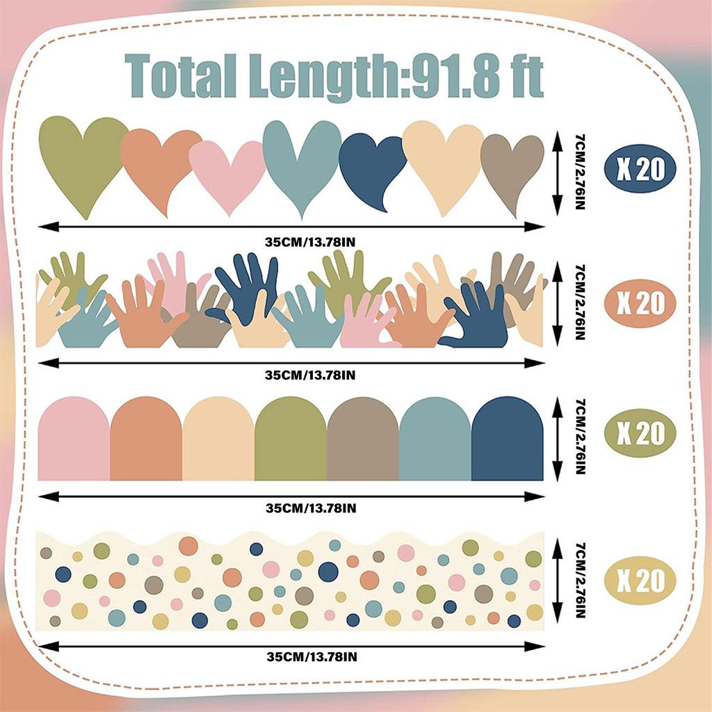 80Pcs Bulletin Board Border for Classroom Chalkboard Decoration Heart Border Trim Colorful Dot Border Trim Wall Decals