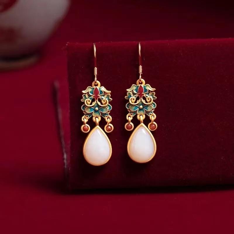 Natural Hetian White Jade Colorful Enamel Porcelain Drop-Shaped Earrings Chinese Retro Light Luxury Charm Women'S  Jewelry