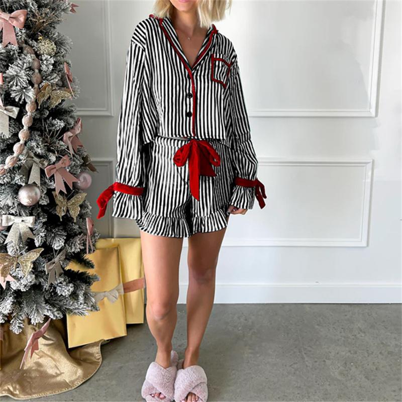 Striped Loungewear Christmas Pajamas Shorts Set Women Cute Bow Tie Pjs Button Up Shirt+Ruffle Shorts 2 Piece Sleepwear