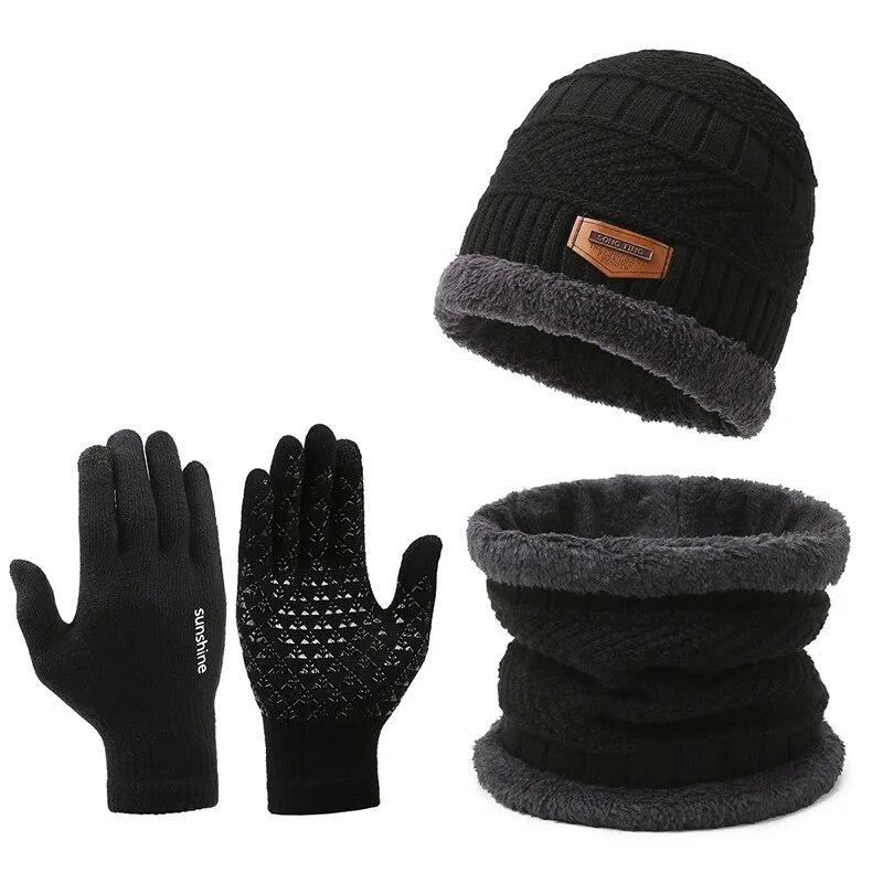 Suit Hat Men's Winter Scarf Gloves Three-Piece Set Neck Integrated Fleece Warm Winter Knit Hat