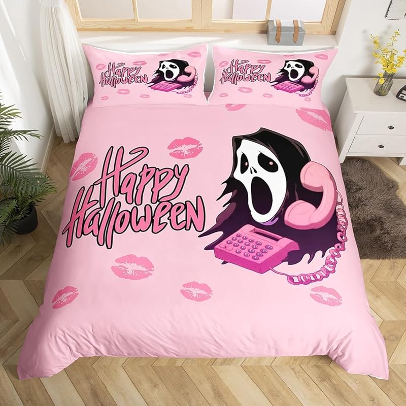 Halloween Bedding Set 3PCS Pink Cartoon Skeleton Comfortable Cover 'No You Hang Up' Funny Horror Ghost Design