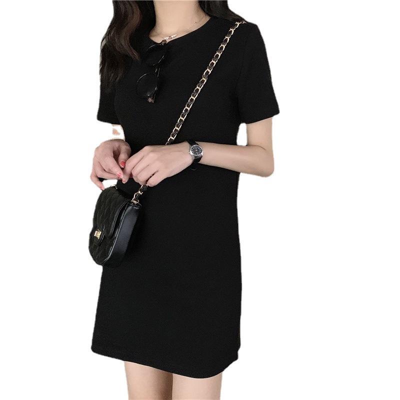 Корейский стиль однотонный тонкий студенческий футболка платье - 2025 летний повседневный средней длины с коротким рукавом