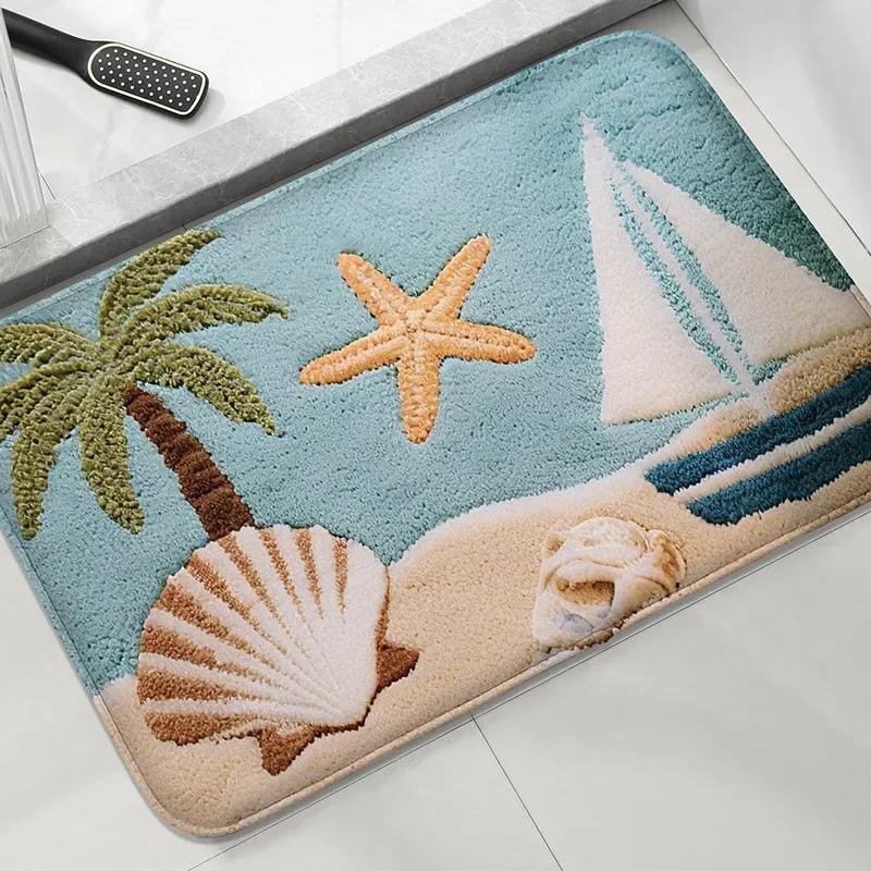 Beach Starfish Coconut Bath Mat, Non-slip Absorbent Fluffy Rug, Washable Bathroom Shower Floor Doormat