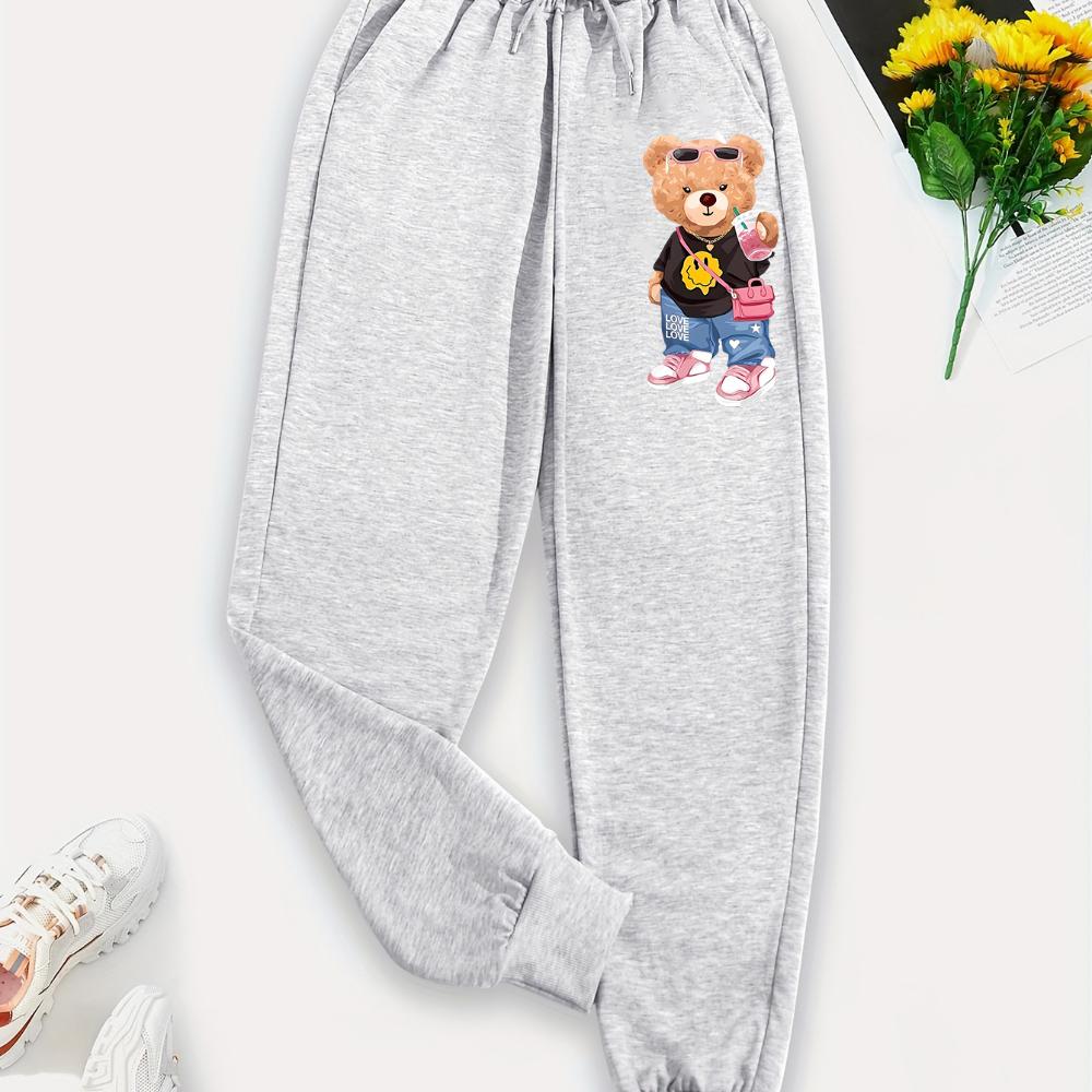 Carton Pattern Bear Printing Casual Basic Women Britches, Loose Fashion Trousers With Drawstring Pockets Sweatpants Female New
