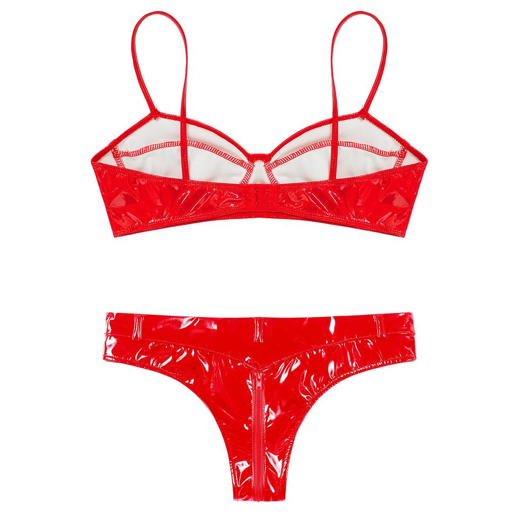 Women Patent Leather Lingerie Set Wet Look Bra Top Wire Free No Padding Zipper Crotch Low Rise Briefs
