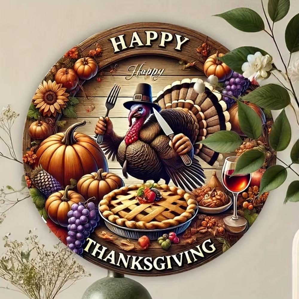 Thanksgiving Festive Sign: A "Happy Thanksgiving" 2D Round Plaque Embellished with Turkey and Autumn Harvest Decor