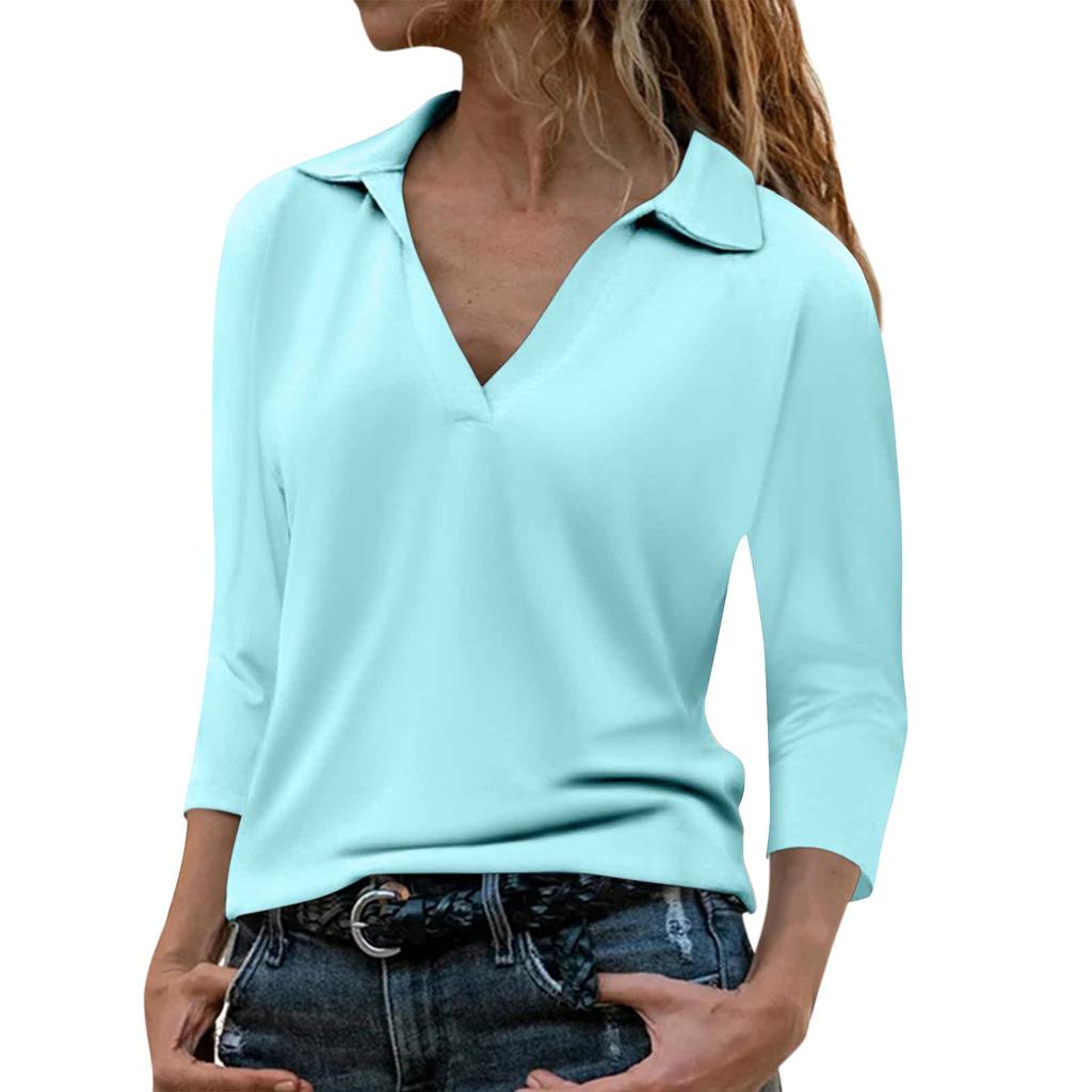 Women's Casual Fashion Solid Color 3/4 Sleeve V-Neck Lapel Comfortable Pullover Top