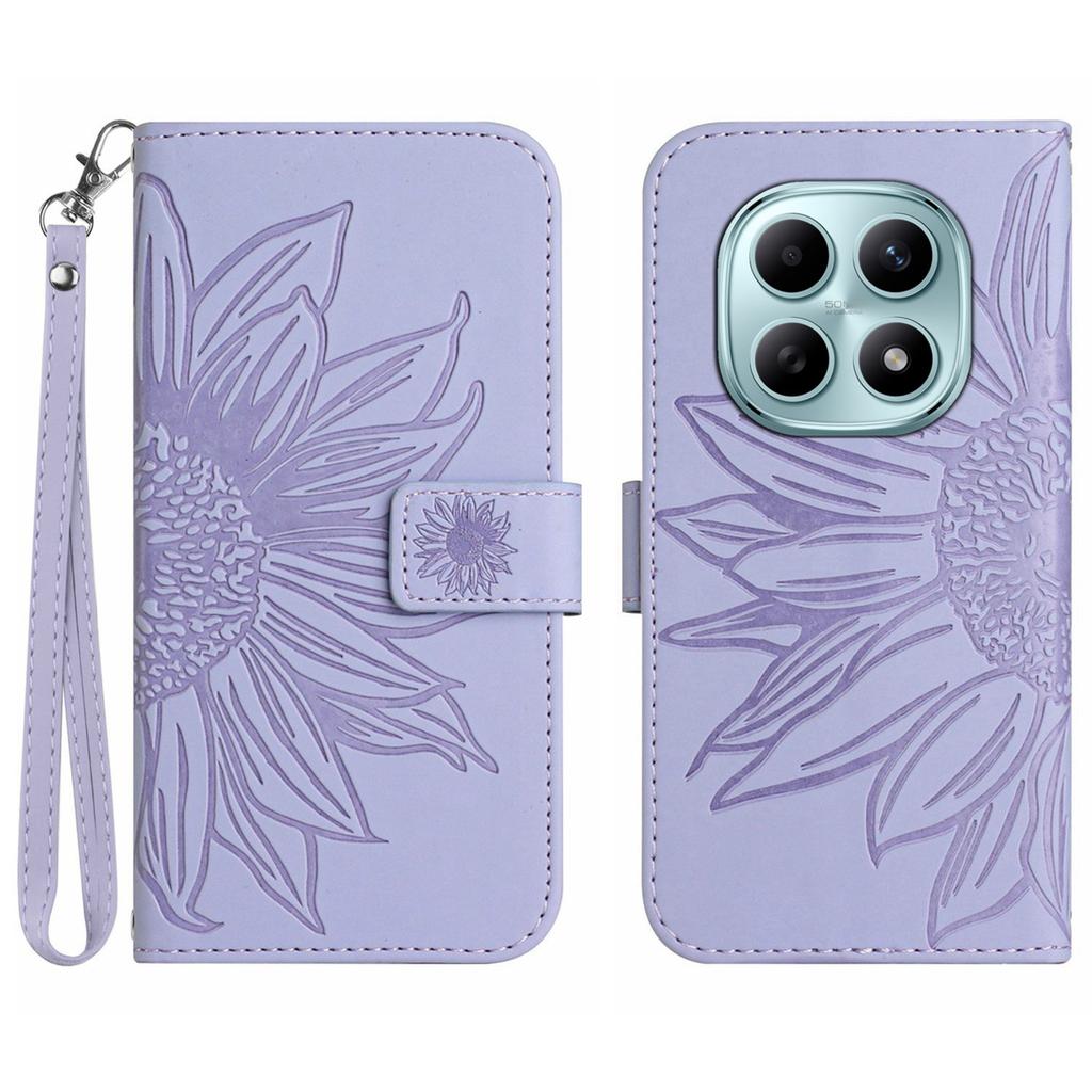 Для Xiaomi Poco M8 5G/Redmi Note 15 5G (Глобальный)/15 4G (Глобальный) Чехол-портмоне из кожи с принтом подсолнухов и ремешком на запястье.