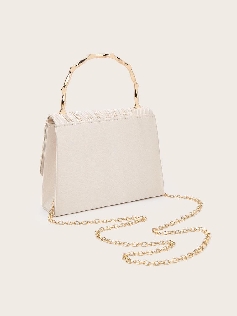 Gold-Bamboo Handle Pleated Satin Evening Bag with Floral Design