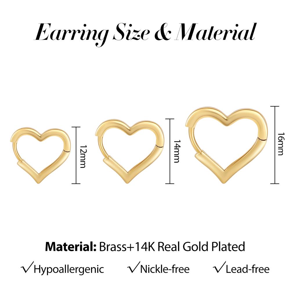 12/14/16mm Fashion Smooth Gold Color Love Heart Hoop Earrings Simple Cute Heart Circle Piercing Earring Buckle Statement Jewelry