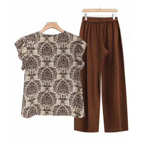 Комплект из 2 предметов: женский топ и брюки, круглый вырез, ретро-принт, короткие рукава, блузка, широкие брюки с эластичной резинкой на талии, повседневный свободный наряд для бабушки