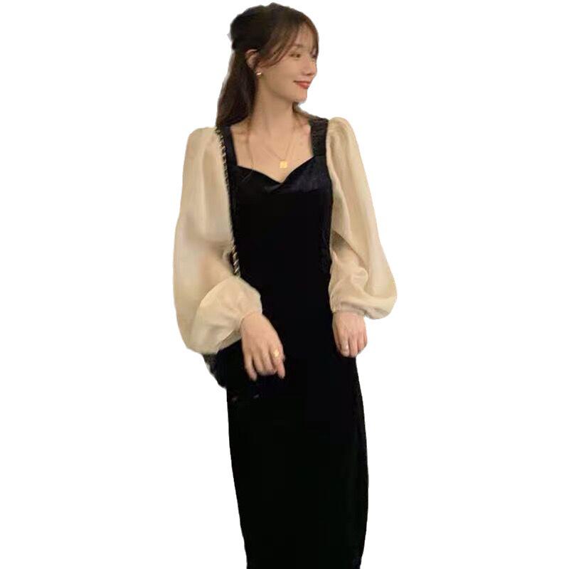 Women's 2023 Spring/Autumn Black French Retro Velvet Dress