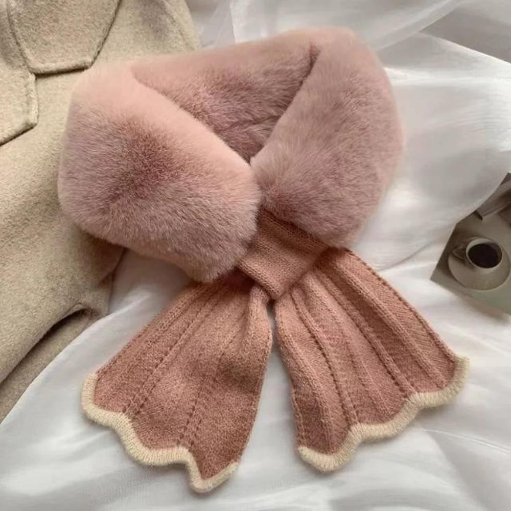Winter Plush Scarf Woman Thick Fish Tail Wool Knit Cross Fur Collar Outdoor Cycling Neck Protection Cervical Spine Warm Scarve
