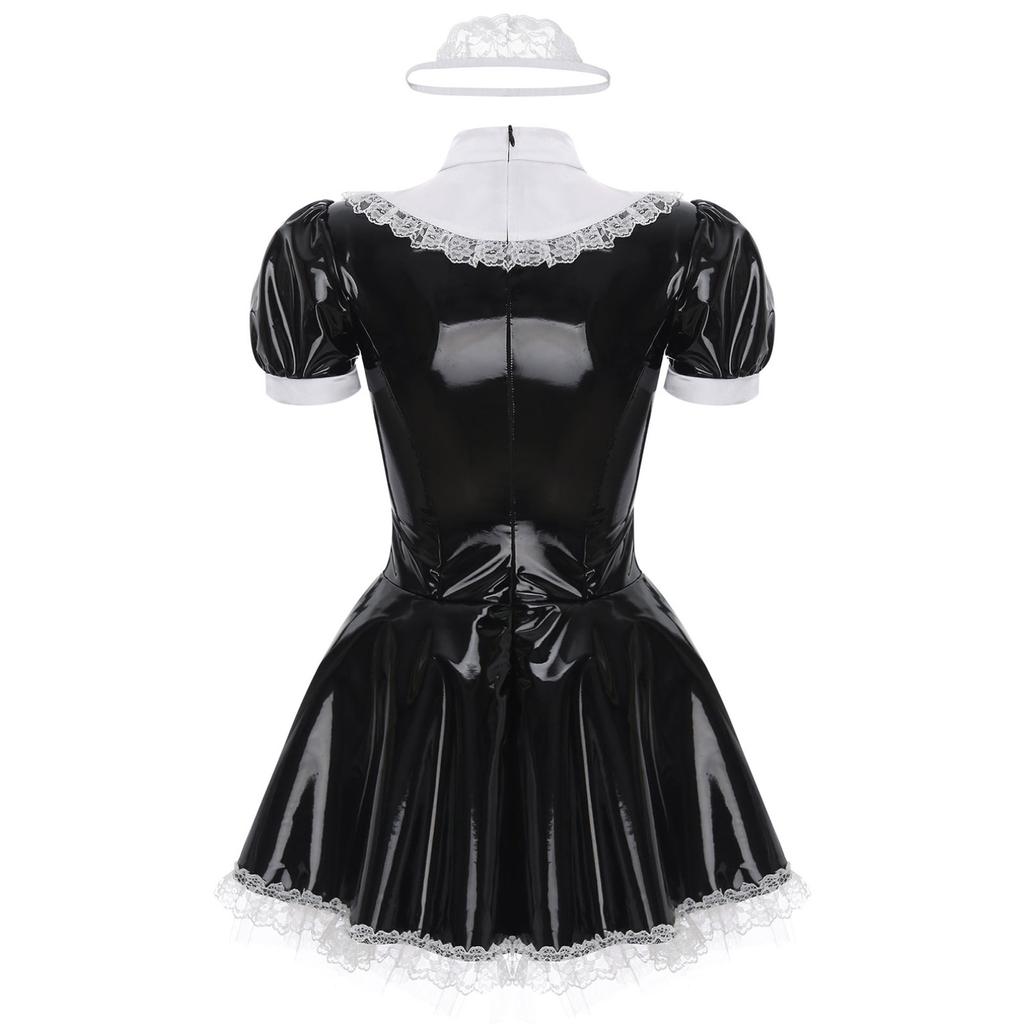 Женский костюм горничной из лакированной кожи для косплея с коротким рукавом и кружевной отделкой, наряд для ролевых игр