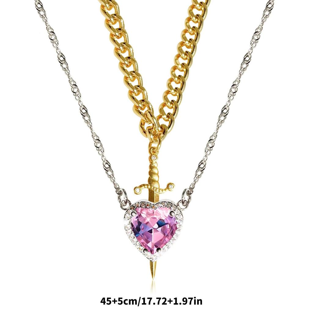 Crystal Heart and Swords Zircon Pendant Necklace for Women Men Adjustable Neckchain Silver/Gold Plated Chain Choker