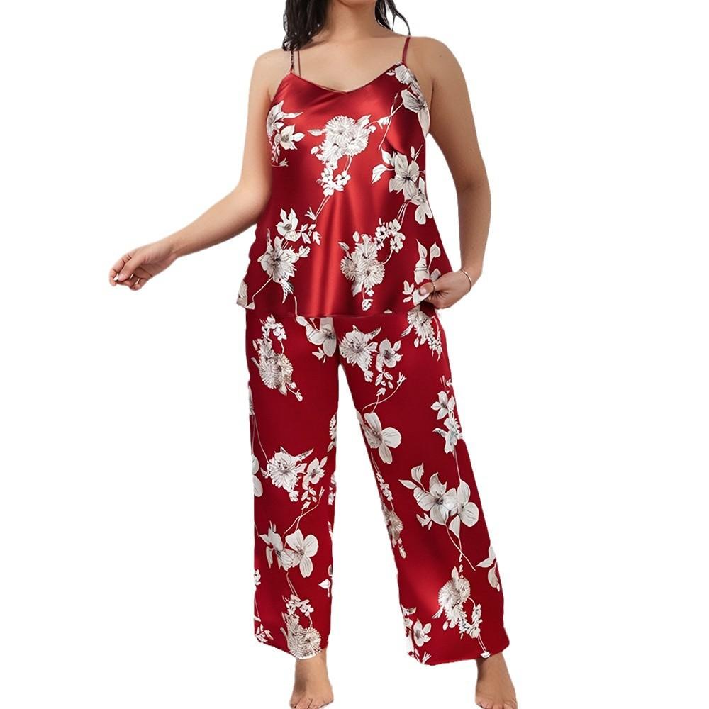 Большие размеры женские новые однотонные принтованные брюки-халтер комплект из двух частей пижамы