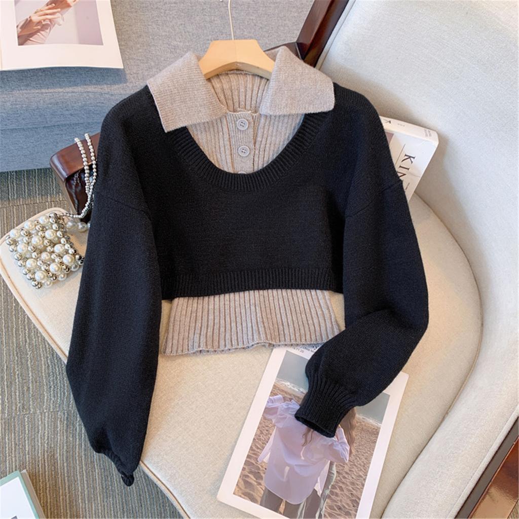 Японский ленивый двухсекционный свитер для женщин, новый осенний, замедляющий старение, укороченный трикотажный топ с воротником-поло из иностранного материала