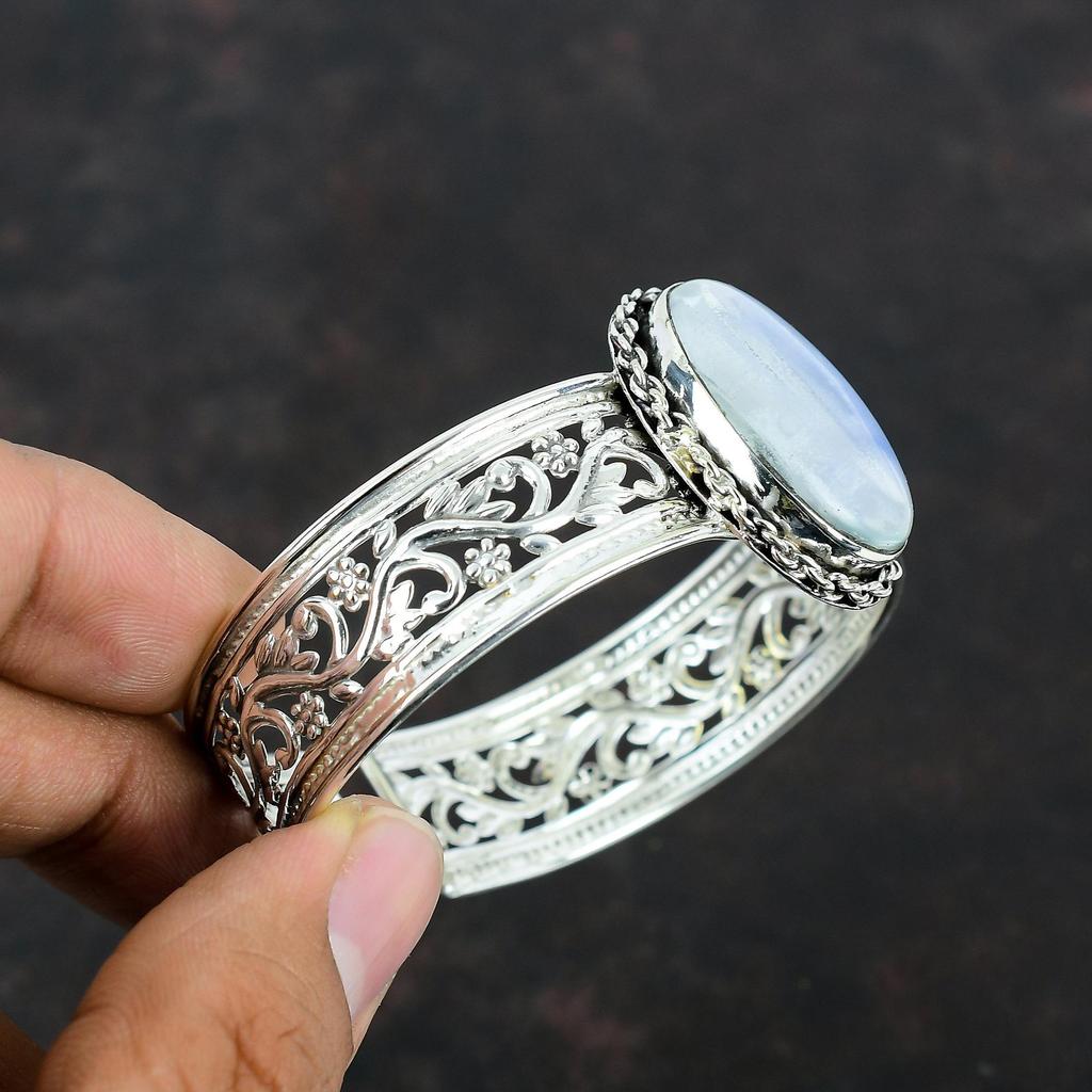 Радужный лунный камень браслет-манжета ручной работы уникальный ювелирный браслет из драгоценных камней 925 пробы регулируемый браслет-манжета подарки для матери