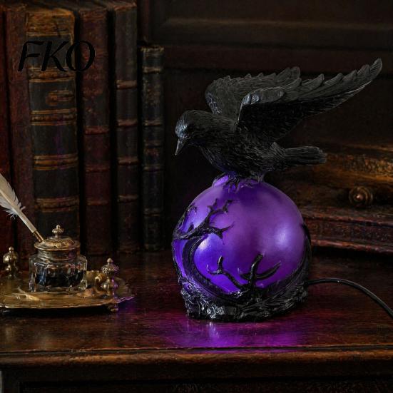 Decorative Resin Light Gothic Raven LED Ball Lamp, Mysterious Crow on Orb Sculpture, Perched Figurine Halloween Table Lamp for Bedside Bedroom Living