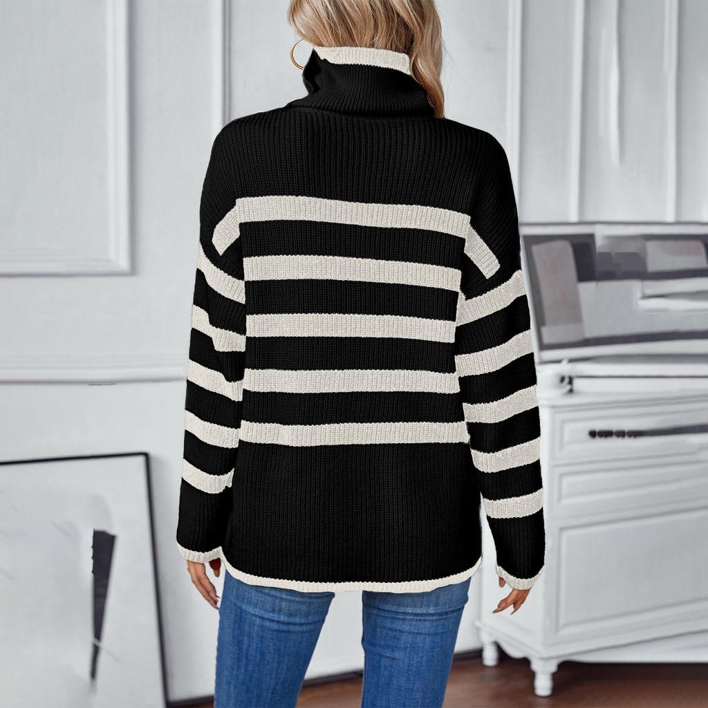 Женский повседневный полосатый свитер с длинными рукавами и лацканами на пуговицах
