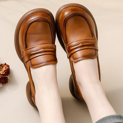 Женские туфли на среднем каблуке, на толстой подошве, повседневные, универсальные, лоферы, кожаные туфли, простые туфли с круглым носком, одинарные туфли, туфли слипоны