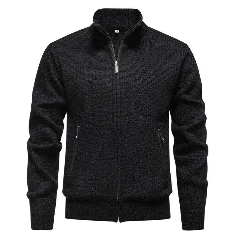 Мужской повседневный свитер-кардиган на осень-зиму 2025 года, однотонный, с воротником-стойкой, мужское вязаное теплое кардиган на молнии
