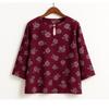 Vintage Casual Blouse, For Women, Elastic Hemp, Floral Print, Round Neck, Three-Quarter Sleeves, Elegant Loose Top