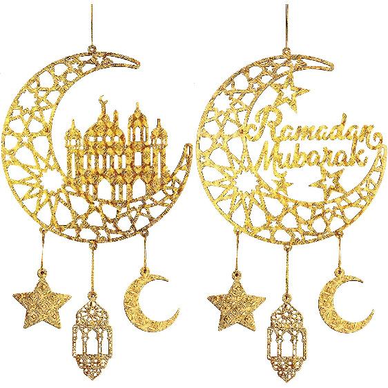 2 Pieces Eid Mubarak Door Sign Wooden Hanging Signs, Ramadan Kareem Hollow Ornament Decorations Moon and Stars, Moon Shape Ramadan Mubarak Party Wood