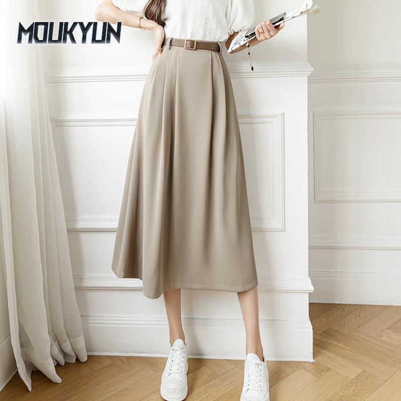Летние повседневные юбки с высокой талией, женская мода, корейский стиль, однотонные, универсальные, элегантные, длинные юбки А-силуэта, Faldas